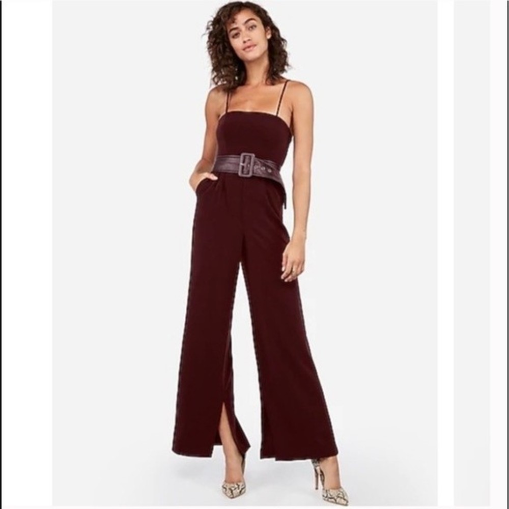 Express x Negin Mirsalehi Spaghetti Strap Burgundy Wide Leg Jumpsuit, 2